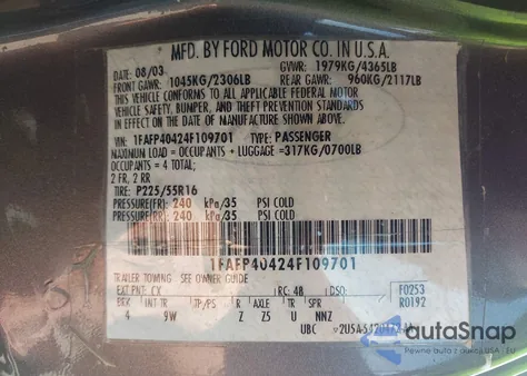 2004 Ford Mustang z USA, uszkodzony, nr VIN 1FAFP40424F109701